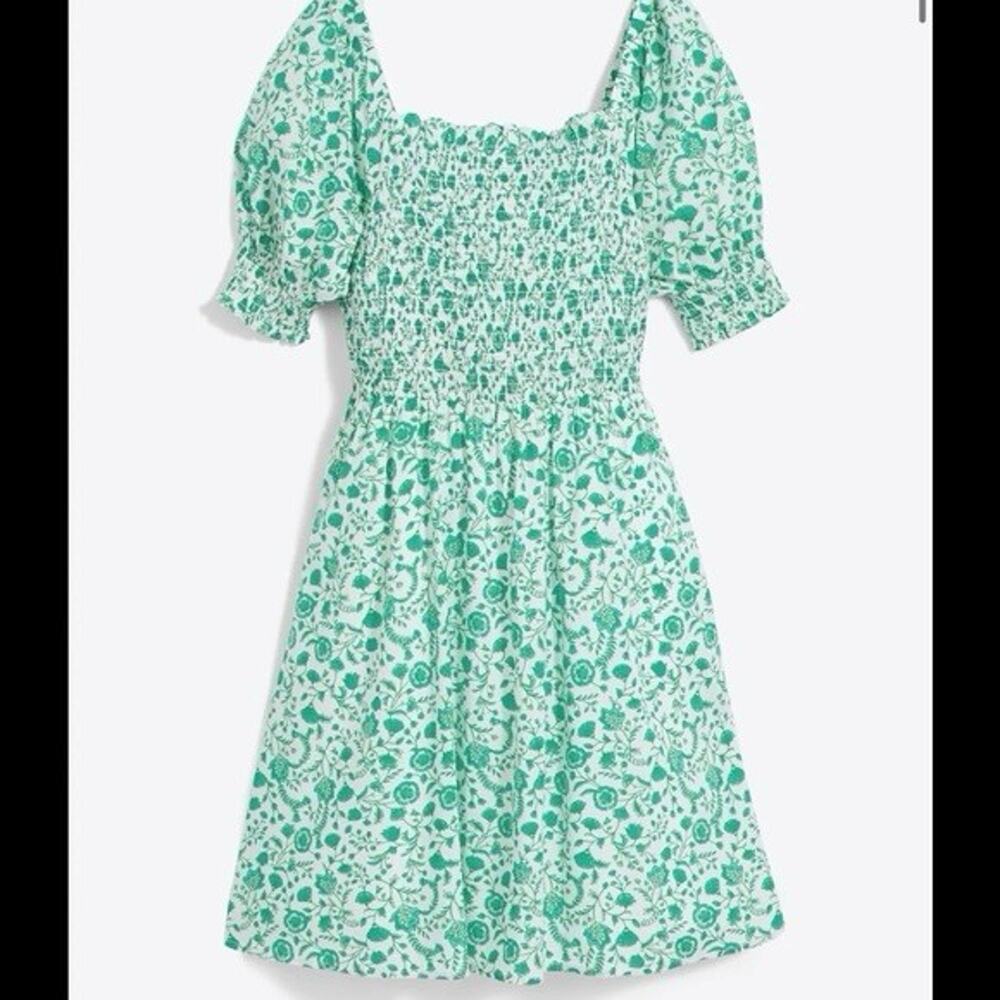 Draper James Green White Floral Smocked Square Neck Puff Sleeve Dress L Pockets